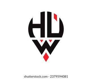 HUW letter location shape logo design. HUW letter location logo simple design.
