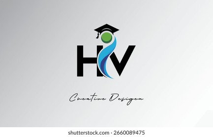 HV Creative Letter Logo with Graduation Cap and Abstract Human – Modern Education and Learning Symbol Design	