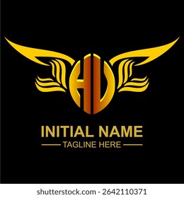 HV Golden Wing Emblem Logo with elegant gold wings, sleek and modern design. Ideal for branding, creative projects, luxury businesses, or artistic ventures.