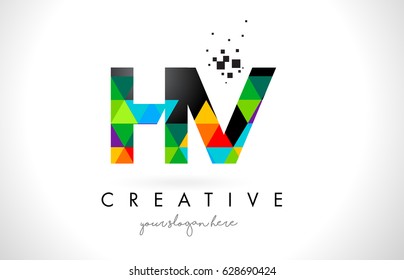 HV H V Letter Logo with Colorful Vivid Triangles Texture Design Vector Illustration.