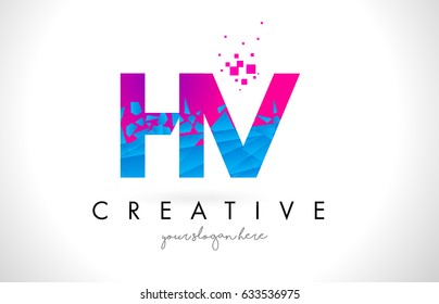 HV H V Letter Logo with Broken Shattered Blue Pink Triangles Texture Design Vector Illustration.