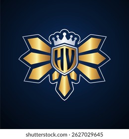 HV initial letters monogram logo for gaming with shield and eagle wing