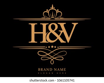 H&V Initial logo, Ampersand initial logo gold with crown and classic pattern