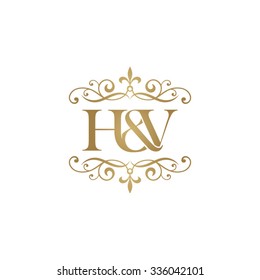 H&V Initial logo. Ornament ampersand monogram golden logo