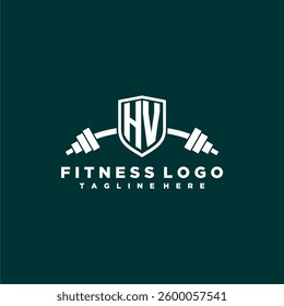 HV initial monogram for fitnes or gym logo with creative shield and barbell design