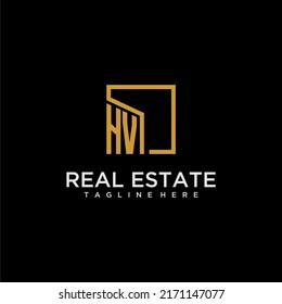 HV initial monogram logo for real estate design with creative square image