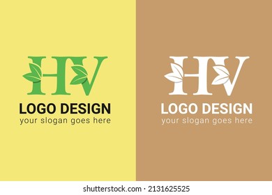 HV letters eco logo with leaf. Vector typeface for nature posters, eco friendly emblem, vegan identity, herbal and botanical cards etc. Ecology HV letters logo with green leaf.