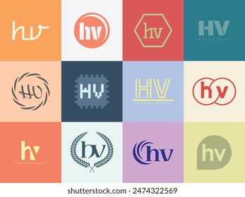 HV logo company template. Letter h and v logotype. Set different classic serif lettering and modern bold text with design elements. Initial font typography. Collection trendy business identity.