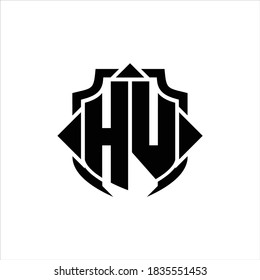 Monograma del logotipo de HV con línea de protección y plantilla de diseño de 3 flechas sobre fondo blanco