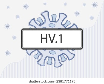 HV.1 in the sign. Coronovirus with spike proteins of a different colors symbolizing mutations. New Omicron subvariant against the background of covid-19 case statistics.