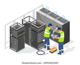 hvac air conditioner computer room temperature control system in server room engineers installation isometric isolated industrial concept illustration