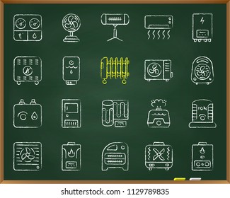 Hvac chalk board icons set. Outline sign kit of climatic equipment. Fan linear icon collection includes hygrometer humidifier convector. Hand drawn simple hvac symbol on blackboard vector Illustration