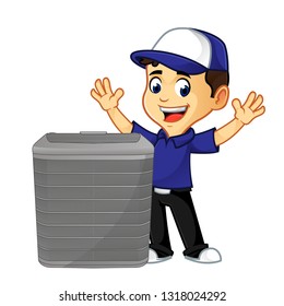 Hvac Cleaner Or Technician With Air Conditioner Happy Cartoon Illustration, Can Be Download In Vector Format For Unlimited Image Size