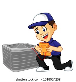 Hvac Cleaner Or Technician Checking Air Conditioner Cartoon Illustration, Can Be Download In Vector Format For Unlimited Image Size