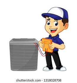 Hvac Cleaner Or Technician Checking Air Conditioner Cartoon Illustration, Can Be Download In Vector Format For Unlimited Image Size