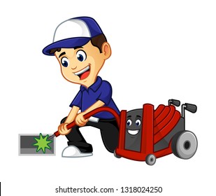 Hvac Cleaner Or Technician Cleaning Air Duct Smiling Cartoon Illustration, Can Be Download In Vector Format For Unlimited Image Size