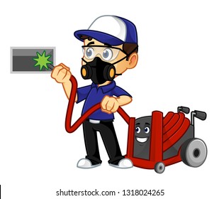 Hvac Cleaner Or Technician Cleaning Air Duct Wear Mask Cartoon Illustration, Can Be Download In Vector Format For Unlimited Image Size