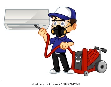 Hvac Cleaner Or Technician Cleaning Air Conditioner Cartoon Illustration, Can Be Download In Vector Format For Unlimited Image Size