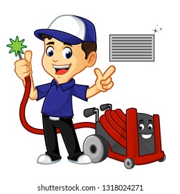 Hvac Cleaner Or Technician Cleaning Air Duct Cartoon Illustration, Can Be Download In Vector Format For Unlimited Image Size