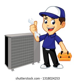 hvac cleaner or technician fixing air conditioner cartoon illustration, can be download in vector format for unlimited image size