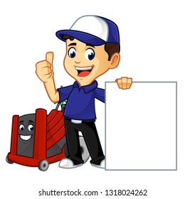 hvac cleaner or technician hold blank sign cartoon illustration, can be download in vector format for unlimited image size