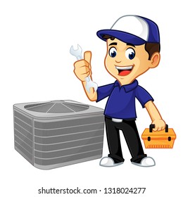 Hvac Cleaner Or Technician Hold Wrench And Toolbox Cartoon Illustration, Can Be Download In Vector Format For Unlimited Image Size