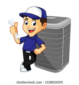 Hvac Cleaner Or Technician Leaning On Air Conditioner Cartoon Illustration, Can Be Download In Vector Format For Unlimited Image Size