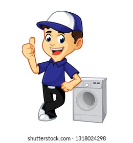 Hvac Cleaner Or Technician Leaning On Washing Machine Cartoon Illustration, Can Be Download In Vector Format For Unlimited Image Size