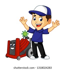 Hvac Cleaner or technician with rotobrush happy cartoon illustration, can be download in vector format for unlimited image size