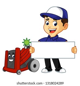 Hvac Cleaner or technician with rotobrush hold sign cartoon illustration, can be download in vector format for unlimited image size