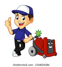 Hvac Cleaner or technician with rotobrush leaning cartoon illustration, can be download in vector format for unlimited image size