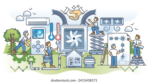 HVAC contractor and professional climate control installation outline concept. Heat, ventilation and air conditioning unit maintenance, assembly and fix service vector illustration. Technician work.