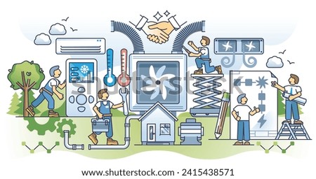 HVAC contractor and professional climate control installation outline concept. Heat, ventilation and air conditioning unit maintenance, assembly and fix service vector illustration. Technician work.