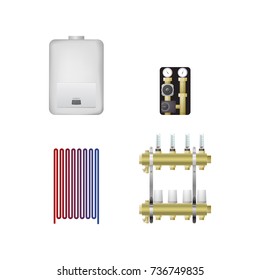 HVAC equipment vector illustration. Boiler, floor heating, pumping group, comb.
