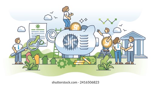 Financiación de HVAC y obtén dinero para un concepto de esquema de unidad de calefacción eficiente. Apoyo financiero al sistema de aire acondicionado o ventilación de la ilustración de vectores bancarios o gubernamentales. Costo de calor efectivo.