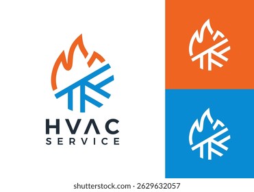 hvac e logotipo de fogo. aquecimento resfriamento snowflake condicionamento vetor conceito de design