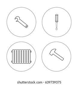 Hvac And Heating Set Elemets. Repair Elemets Hummer, Wrench And Screwdriver Tools. Hvac Tools In Circle On White Background. Tankless Water Heater Manufacturers . Eps10 Vector Illustration.