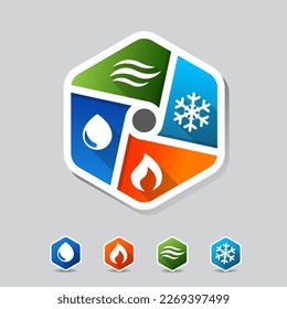 HVAC, Heating, ventilating, air conditioning, Water supply for HVAC or Climate Control Hexagon Logo icons buttons symbols.