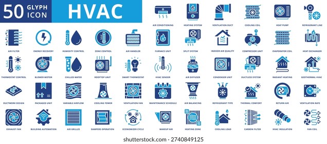 HVAC icon set flat containing air conditioning, heating system, ventilation duct, cooling coil, heat pump, refrigerant line, filter, thermostat control, ductwork design, energy recovery, humidity
