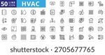 HVAC icon set outline containing air conditioning, heating system, ventilation duct, cooling coil, heat pump, refrigerant line, filter, thermostat control, ductwork design, energy recovery, humidity