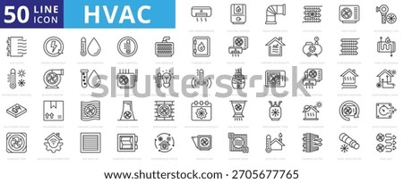 HVAC icon set outline containing air conditioning, heating system, ventilation duct, cooling coil, heat pump, refrigerant line, filter, thermostat control, ductwork design, energy recovery, humidity