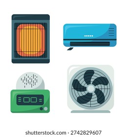 HVAC icons collection, split air conditioner, thermostat, ceiling fan, ventilation unit, building maintenance conference, technician training session, exhibits hall