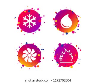 HVAC icons. Heating, ventilating and air conditioning symbols. Water supply. Climate control technology signs. Gradient circle buttons with icons. Random dots design. Vector