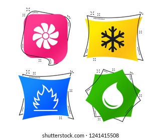 HVAC icons. Heating, ventilating and air conditioning symbols. Water supply. Climate control technology signs. Geometric colorful tags. Banners with flat icons. Trendy design. Vector