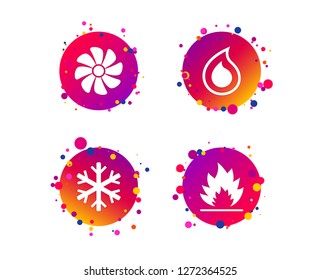 HVAC icons. Heating, ventilating and air conditioning symbols. Water supply. Climate control technology signs. Gradient circle buttons with icons. Random dots design. Vector