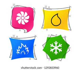 HVAC icons. Heating, ventilating and air conditioning symbols. Water supply. Climate control technology signs. Geometric colorful tags. Banners with flat icons. Trendy design. Vector