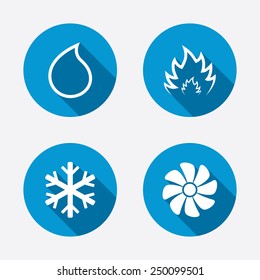 HVAC icons. Heating, ventilating and air conditioning symbols. Water supply. Climate control technology signs. Circle concept web buttons. Vector