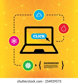 HVAC icons. Heating, ventilating and air conditioning symbols. Water supply. Climate control technology signs. Notebook device orange background with icons. Vector