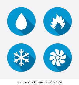 HVAC icons. Heating, ventilating and air conditioning symbols. Water supply. Climate control technology signs. Circle concept web buttons. Vector