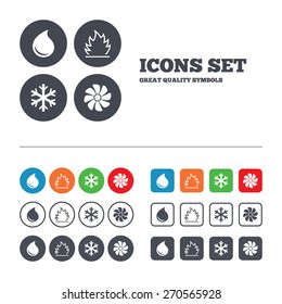HVAC icons. Heating, ventilating and air conditioning symbols. Water supply. Climate control technology signs. Web buttons set. Circles and squares templates. Vector